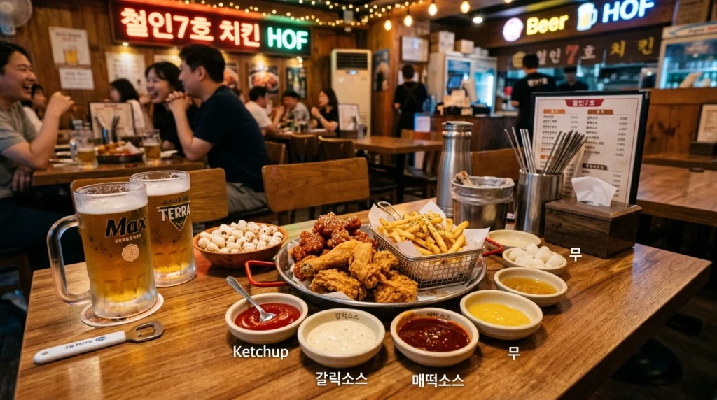 Dining table with various dipping sauces, fried chicken, fries, and cold beer 