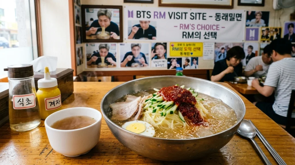 Cold wheat noodles in icy broth with cucumber, spicy sauce, meat and egg, warm broth side, RM photos on wall 