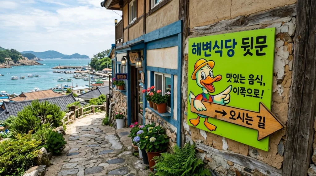Quirky duck character sign pointing to restaurant back entrance with green signboard
