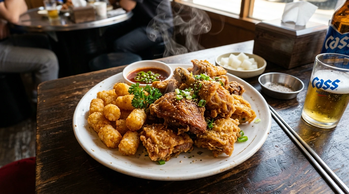 Golden crispy fried duck Tongdeok and chicken pieces with tater tots on plate