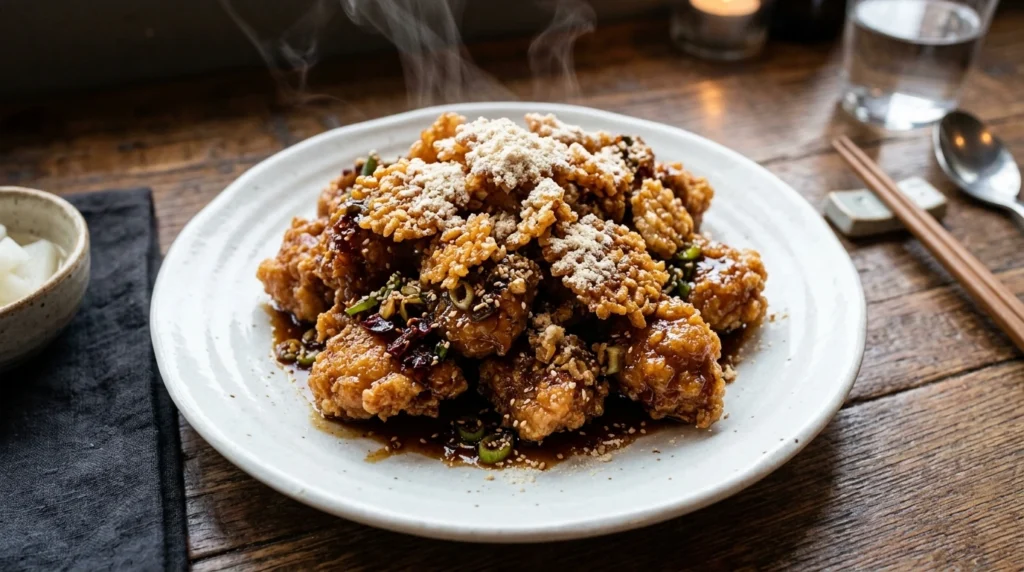 Golden Ganji Chicken with soy glaze and white nurungji powder topping 