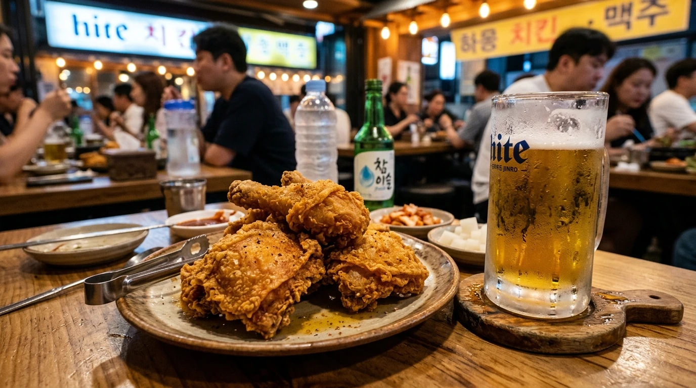 Golden crispy bone-in fried chicken next to frosty draft beer glass
