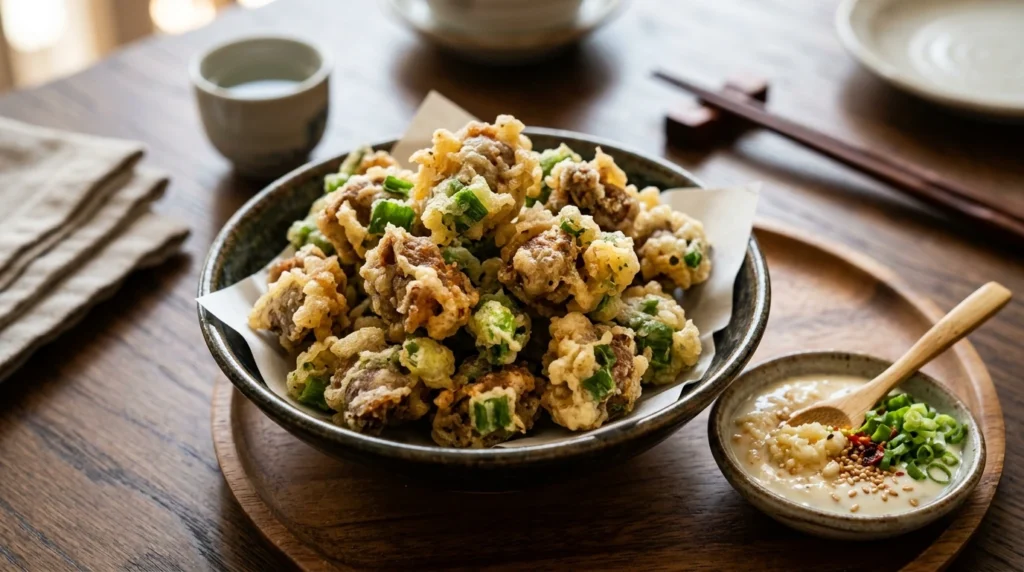 Fried chicken gizzards with green onions in light batter and garlic dipping sauce 