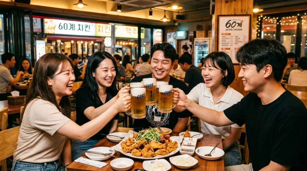 Group of Korean friends clinking beer glasses and sharing fried chicken platter 