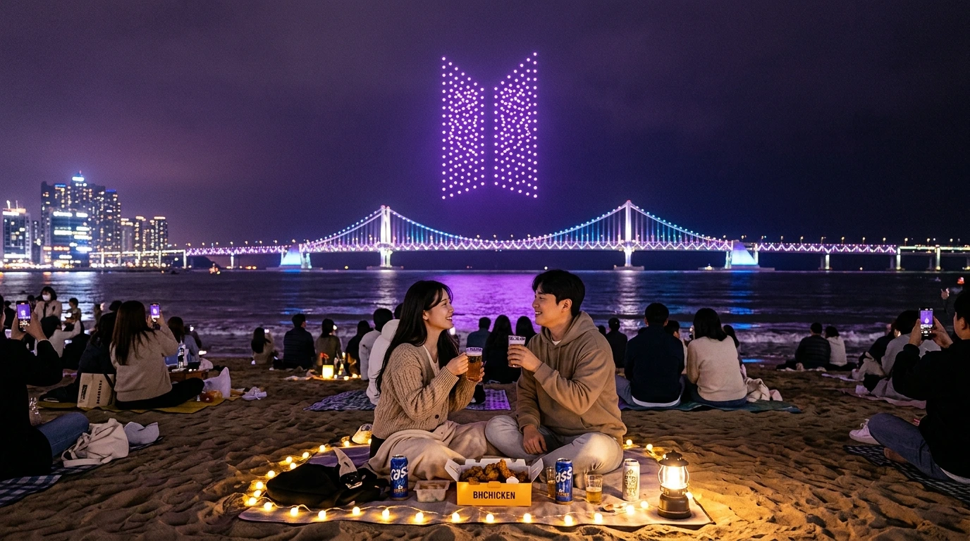 Purple BTS logo drone show above Gwangan Bridge with people enjoying chimaek