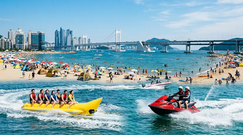 Wide cinematic shot of Gwangalli Beach with Gwangandaegyo Bridge, people on yellow banana boat and jet ski in waves