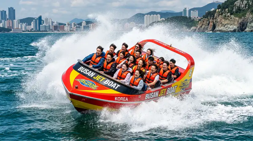 Close-up of jet boat performing sharp turn with huge water spray and passengers in orange life jackets laughing