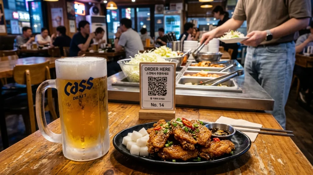 Frosty draft beer glass next to fried duck wings with self-serve salad bar background