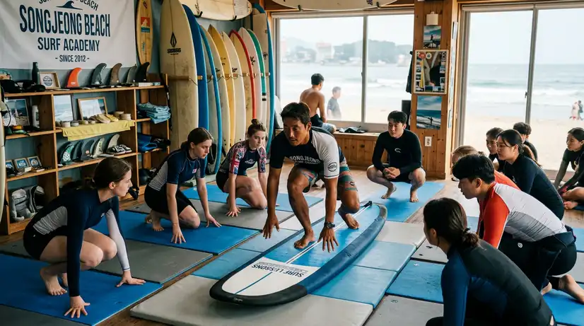 Professional instructor demonstrating surfboard take-off move to international students in bright surf school interior
