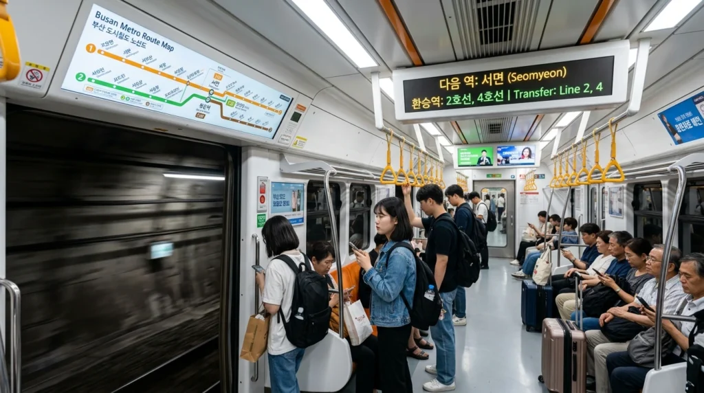 Busan Metro train interior with LED route map and passengers

