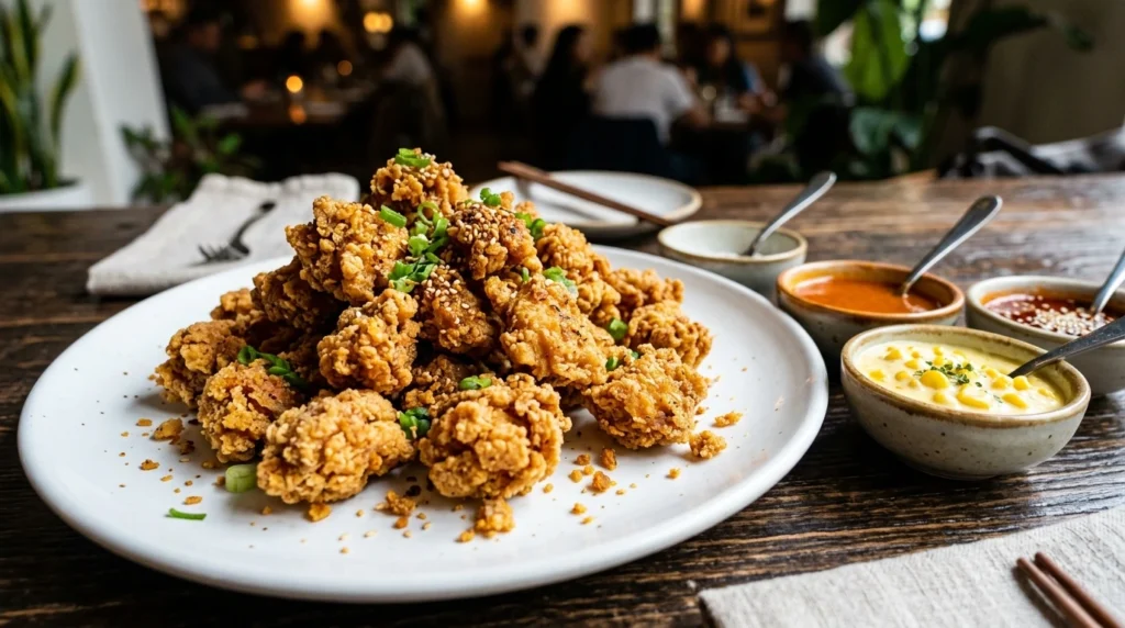 Ultra-crispy K-K-K chicken with three dipping sauces including corn mayo