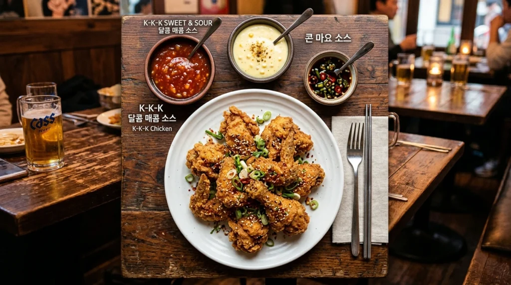 K-K-K Chicken pieces with sweet-sour sauce and corn mayo dipping sauces