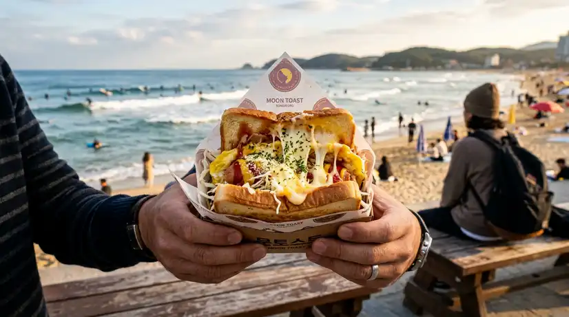 Close-up of cheesy Korean street toast held in hand with blurred Songjeong Beach and surfers in bokeh background