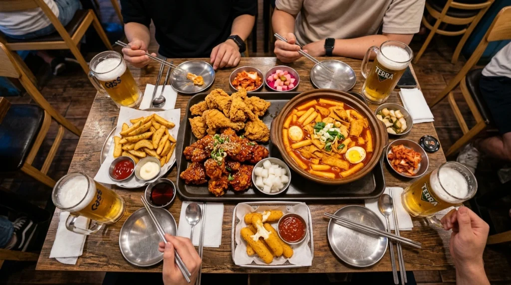 Korean chimaek feast with fried chicken, tteokbokki, cheese sticks, and beer 