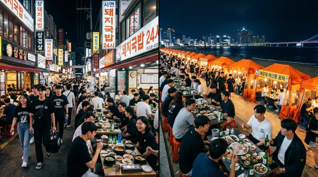 Night scene: neon-lit Seomyeon with 24-hour restaurants, Haeundae beachside pojangmacha stalls with seafood and ocean view 