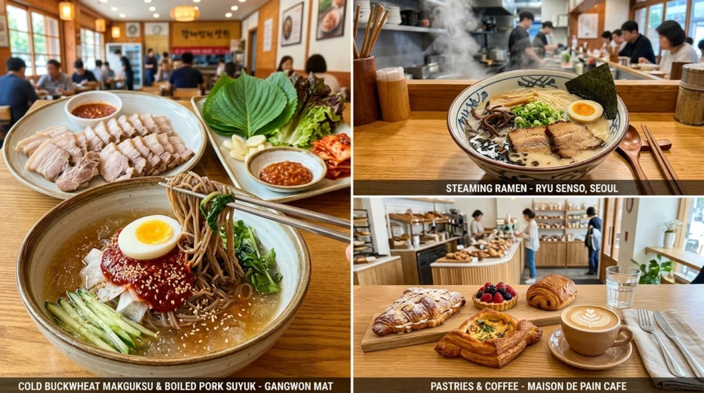 Three pre-concert options: cold Makguksu buckwheat noodles with pork, steaming ramen, light pastries and coffee 