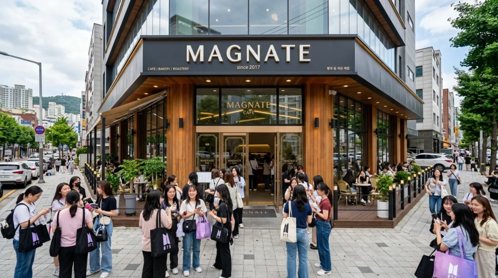 Elegant MAGNATE cafe exterior with international BTS fans gathering outside