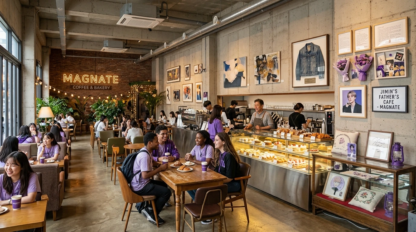 Spacious contemporary cafe near Motgol Station, art gallery atmosphere, pastries display, Jimin items showcased, ARMY fans relaxing