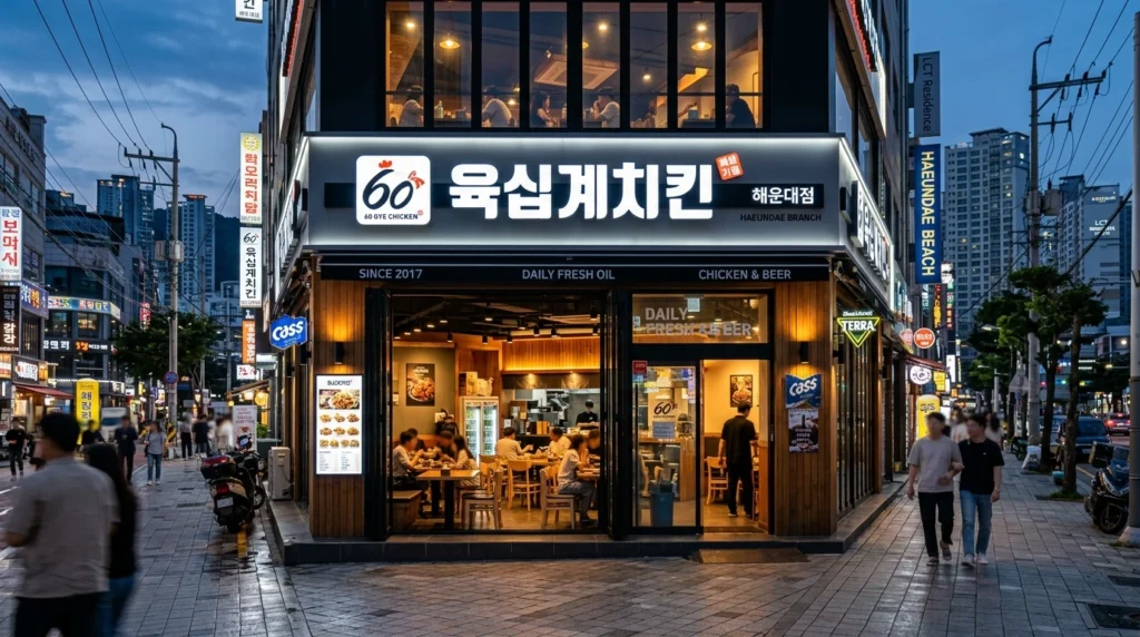 Modern 60 Gye Chicken restaurant exterior with bright signage in Haeundae Busan 