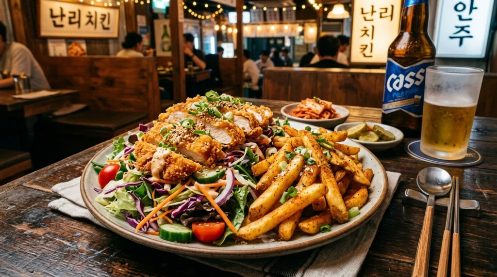 Crispy chicken salad topped with fried breast slices and seasoned French fries 