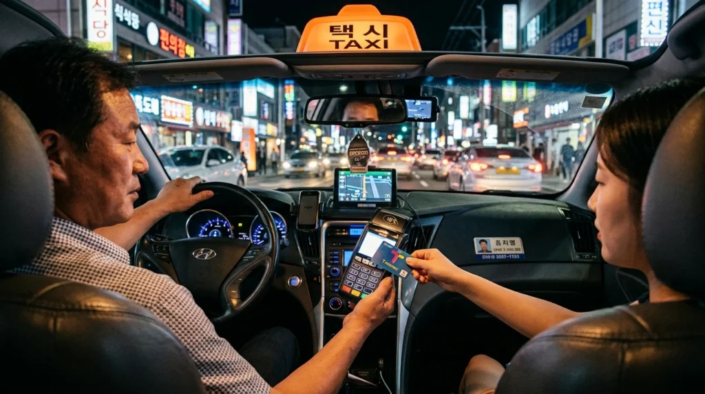 Passenger paying with T-Money card inside Korean taxi at night

