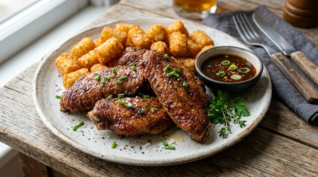 Crispy oven-roasted duck wings with golden brown texture served with tater tots