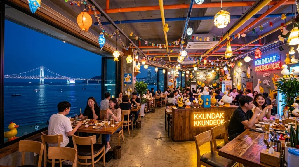 Trendy restaurant interior with massive windows overlooking Gwangandaegyo Bridge