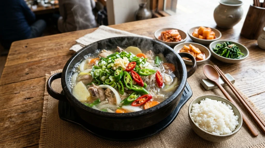 Steaming Thaengcho Dakjiritang topped with scallions and chili peppers in traditional pot