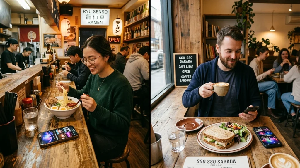 Split scene: solo traveler at ramen bar counter, person relaxing alone at cafe with coffee and sandwich 