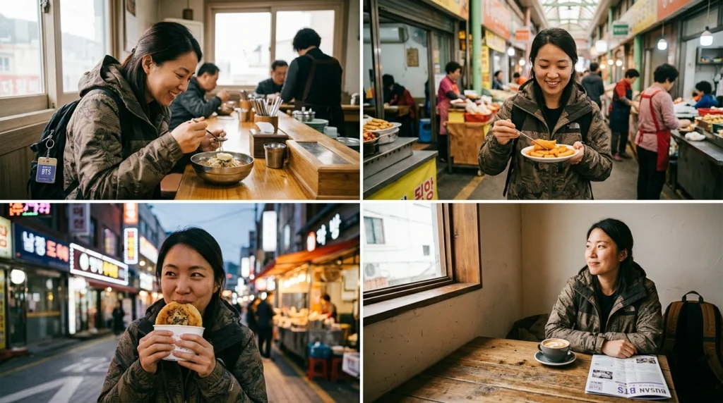 Solo traveler eating Milmyeon at counter, walking through Seodong Market with Tteokbokki, holding Hotteok, relaxing at MAGNATE cafe 