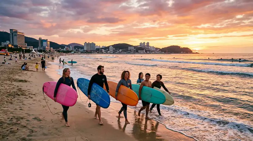 Wide cinematic view of Songjeong Beach at sunset with diverse surfers carrying colorful longboards on sandy shore