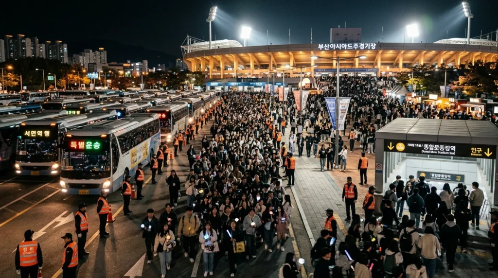 Crowd leaving Asiad Stadium with special shuttle buses at night


