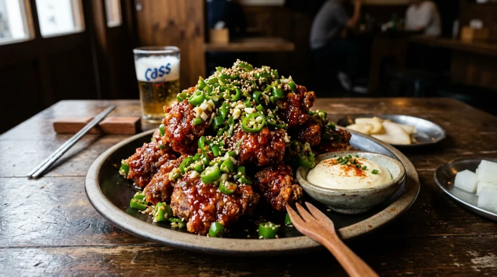 Spicy Gochu Chicken coated with green chili peppers served with mayonnaise 