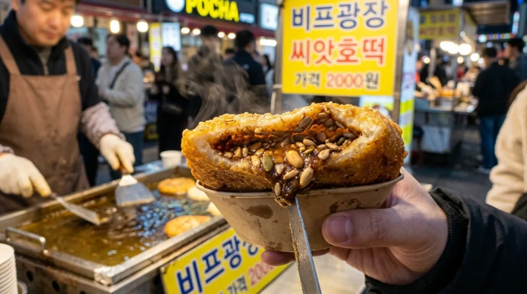 Freshly made seed pancake at BIFF Square, golden crispy exterior, brown sugar with seeds filling, steam rising, signature street food 