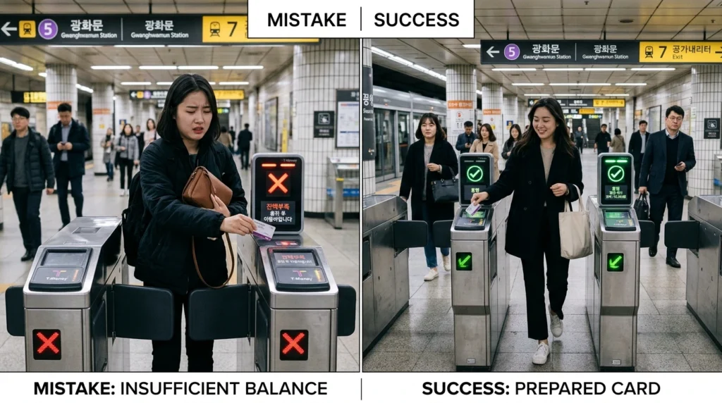 Split-screen showing T-Money balance error versus successful subway gate passage


