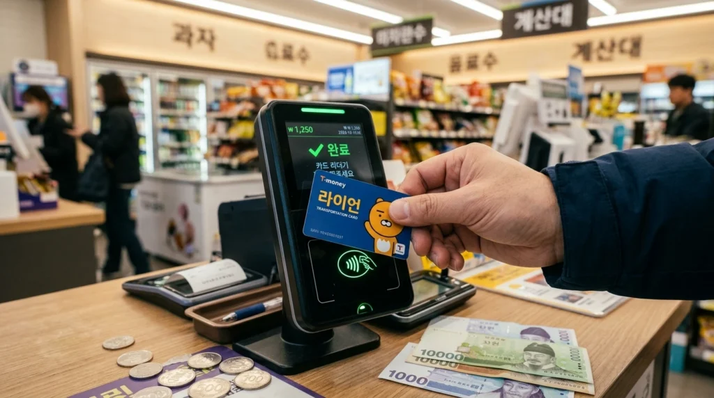 Hand tapping T-Money card on payment terminal at convenience store

