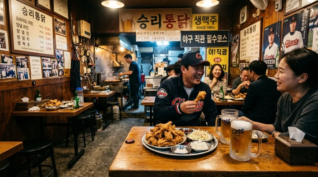 Old-school Korean chicken shop with thin crispy fried chicken and frosted beer
