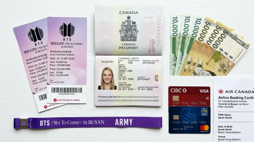Flat lay of passport, physical concert tickets with Korean text, booking confirmations, Korean Won cash, credit cards, wristband 
