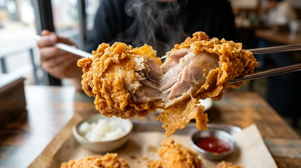 Freshly fried chicken with ultra-crispy golden batter revealing juicy tender meat 