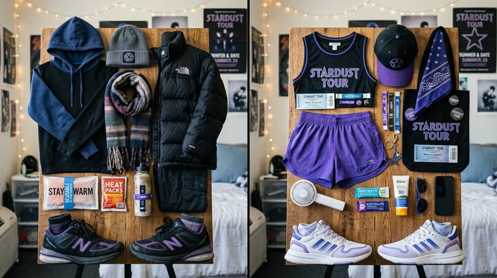 Split view: winter layered clothing with heat packs and hand warmers, summer breathable outfit with portable fan 