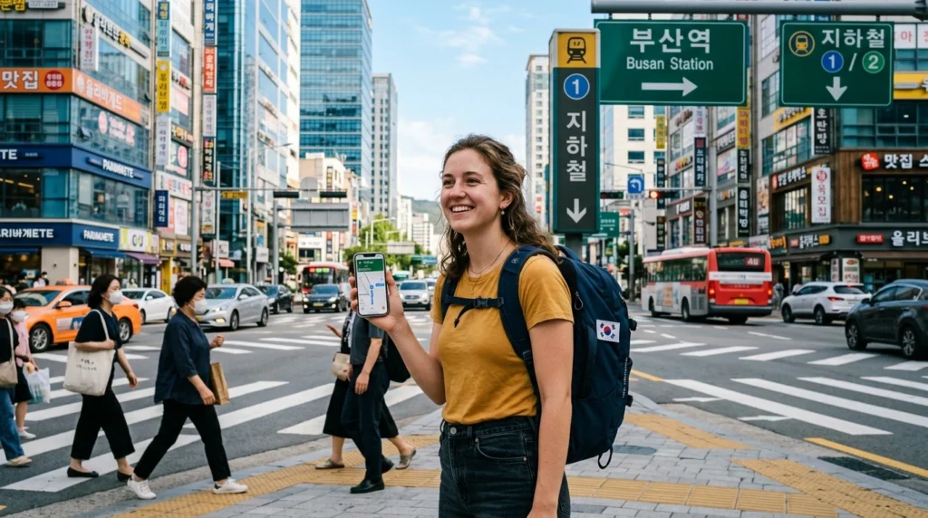 Traveler with backpack using smartphone navigation at Busan city intersection

