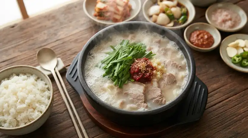 Steaming bowl of Busan Dwaeji Gukbap pork soup in black earthen pot with fresh chives and chili paste 