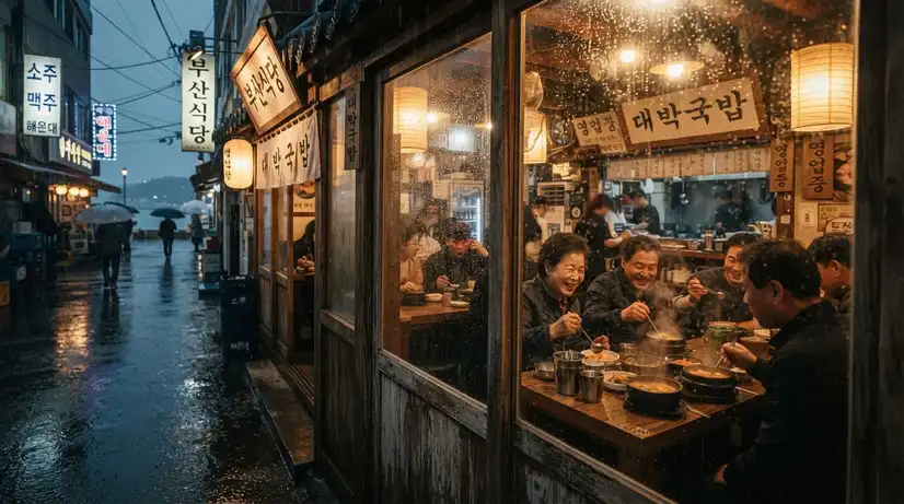 Traditional Korean restaurant in Busan on rainy day with warm light and steaming soup visible through rain-covered windows