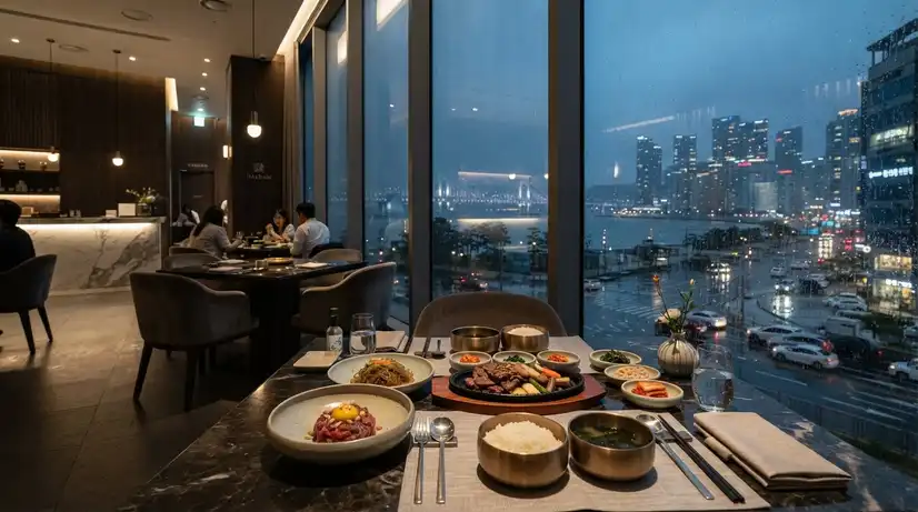 Modern luxurious restaurant interior in Busan Centum City with floor-to-ceiling windows showing rainy cityscape 