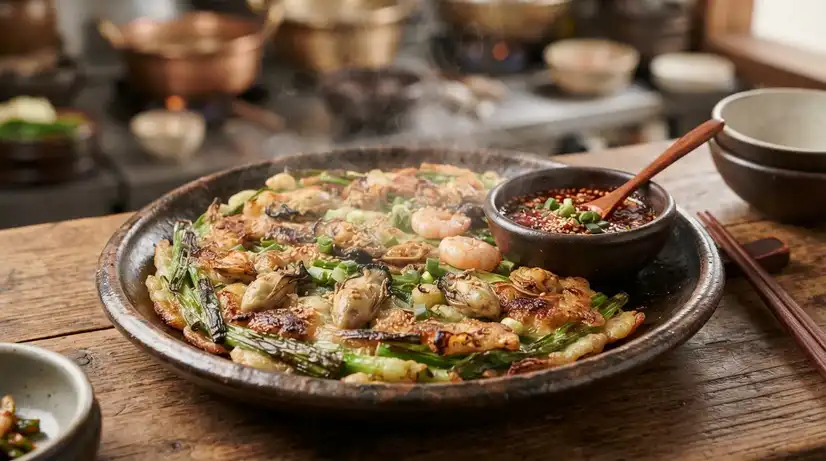 Traditional Busan Dongnae Pajeon thick seafood scallion pancake loaded with oysters clams and shrimp served with chogochujang dipping sauce 
