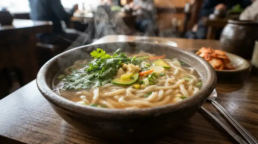 Traditional Korean Kalguksu hand-cut wheat noodle soup with fresh crown daisy leaves in rich anchovy broth 