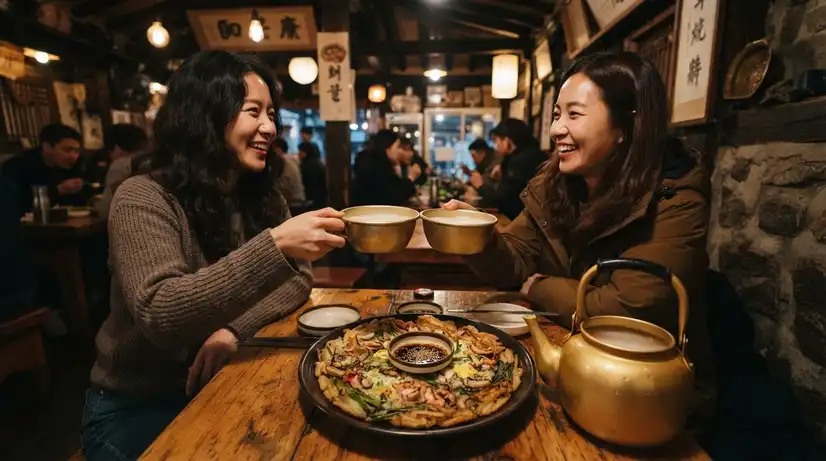 Two people clinking traditional brass Makgeolli bowls over golden-brown seafood pancake in cozy Korean tavern 